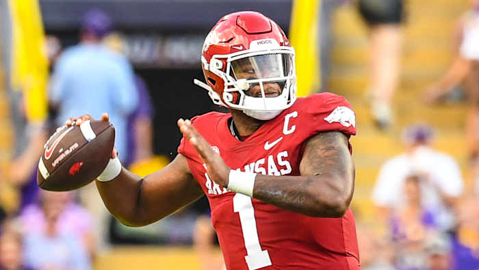 Razorbacks quarterback KJ Jefferson throws a pass against LSU on Saturday night